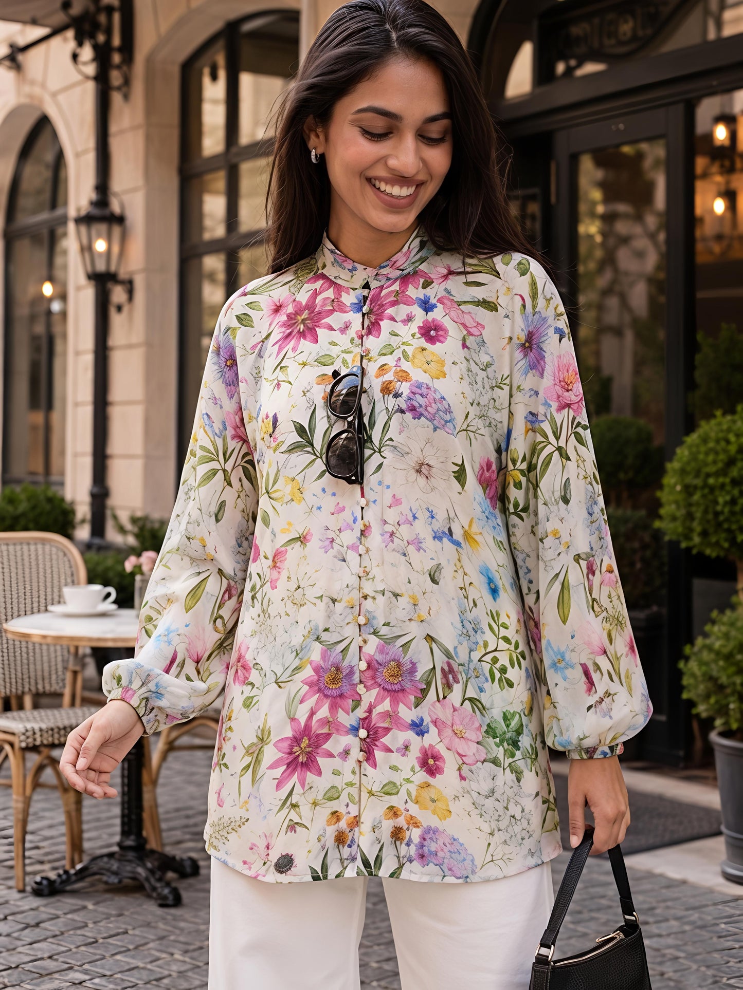 Floral Printed Casual Long Shirt Women Button Front Top