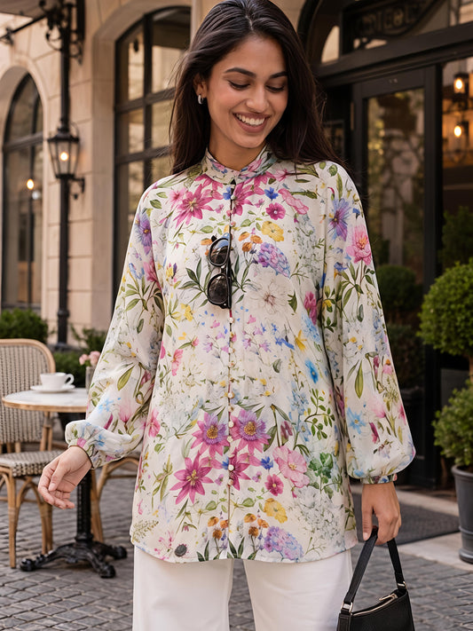 Floral Printed Casual Long Shirt Women Button Front Top