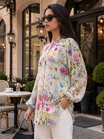 Floral Printed Casual Long Shirt Women Button Front Top