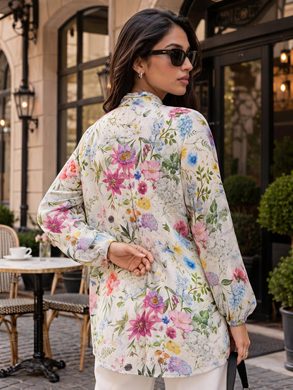 Floral Printed Casual Long Shirt Women Button Front Top