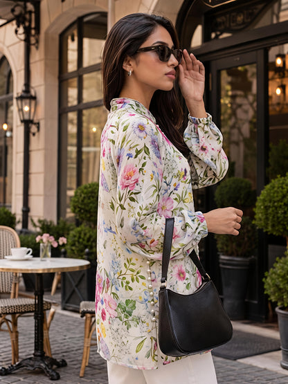 Floral Printed Casual Long Shirt Women Button Front Top