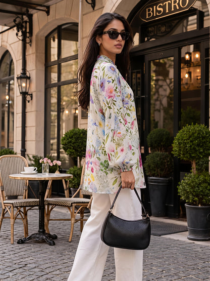 Floral Printed Casual Long Shirt Women Button Front Top