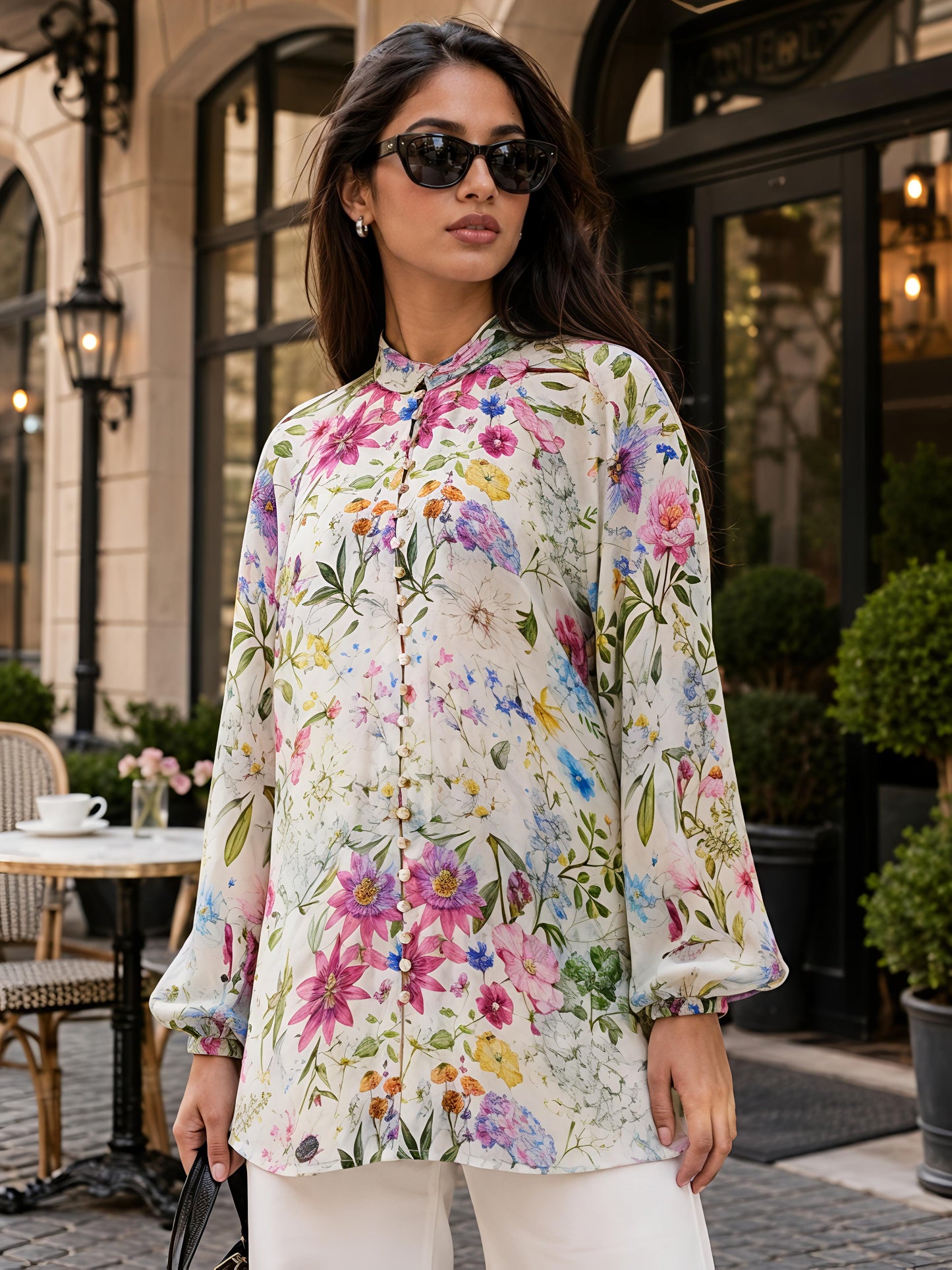 Floral Printed Casual Long Shirt Women Button Front Top