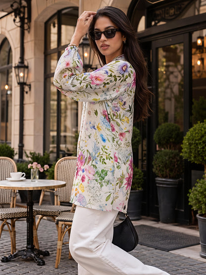 Floral Printed Casual Long Shirt Women Button Front Top