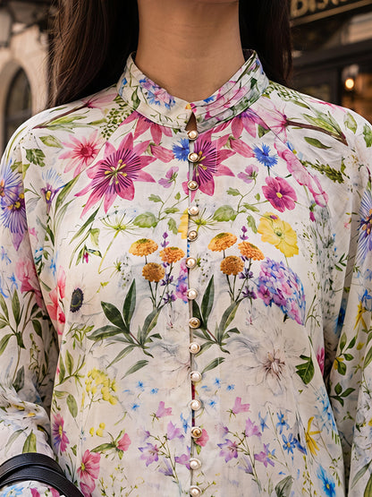 Floral Printed Casual Long Shirt Women Button Front Top