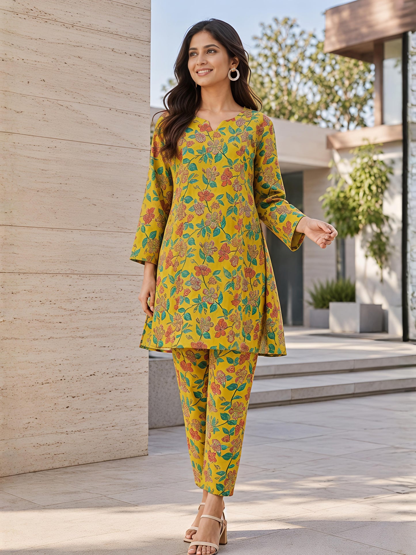 Yellow Floral Cotton Blend Kurta Pant Co-Ord Set Casual Outfit