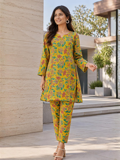 Yellow Floral Cotton Blend Kurta Pant Co-Ord Set Casual Outfit