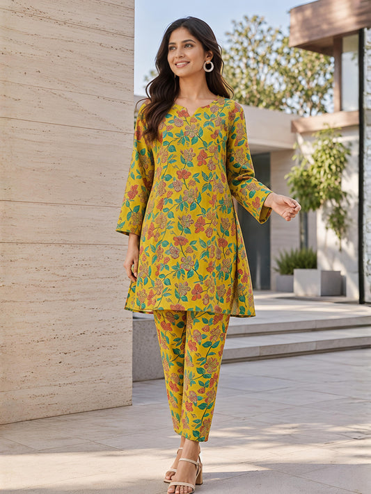 Yellow Floral Cotton Blend Kurta Pant Co-Ord Set Casual Outfit