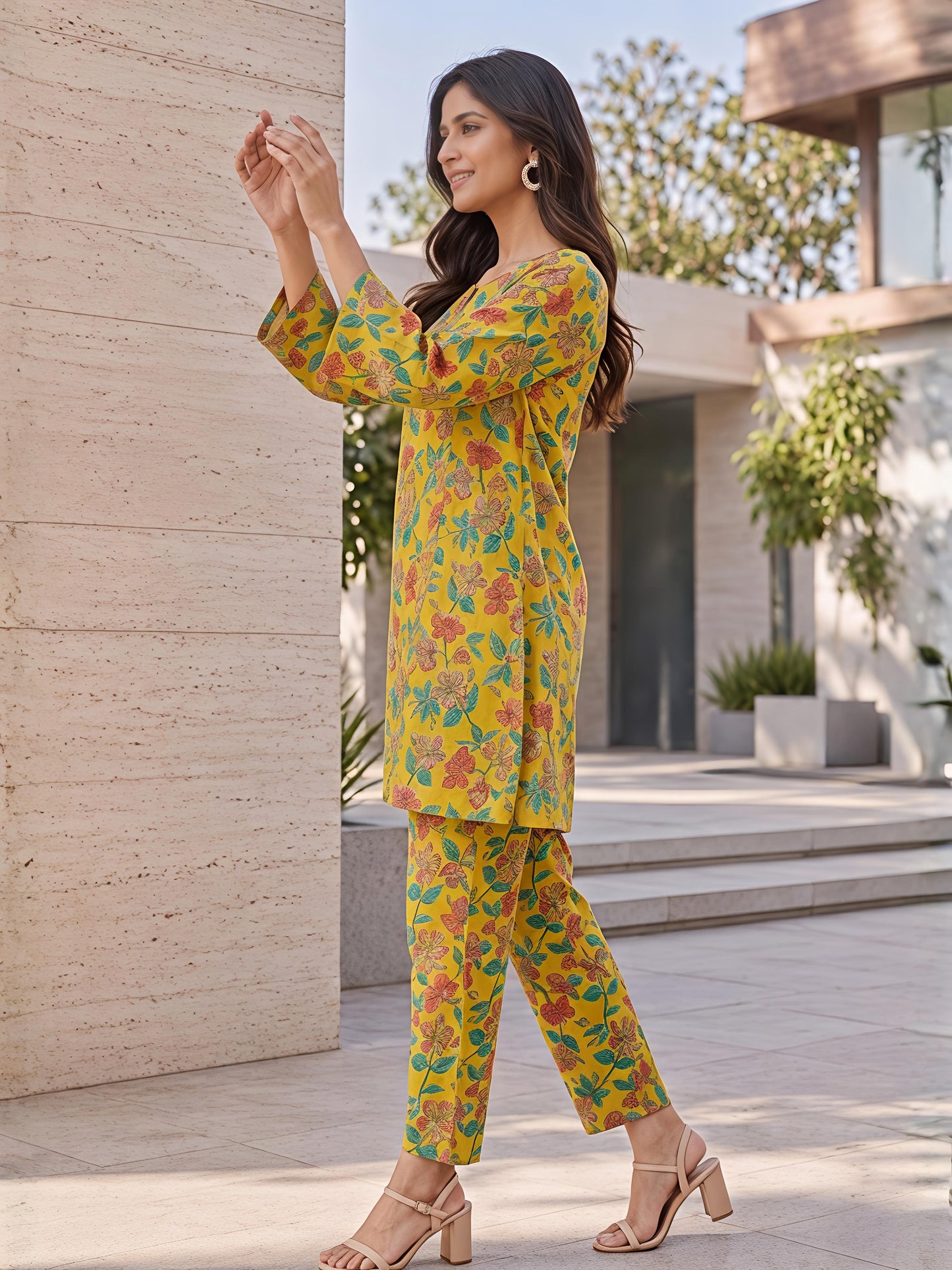 Yellow Floral Cotton Blend Kurta Pant Co-Ord Set Casual Outfit