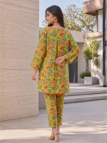Yellow Floral Cotton Blend Kurta Pant Co-Ord Set Casual Outfit