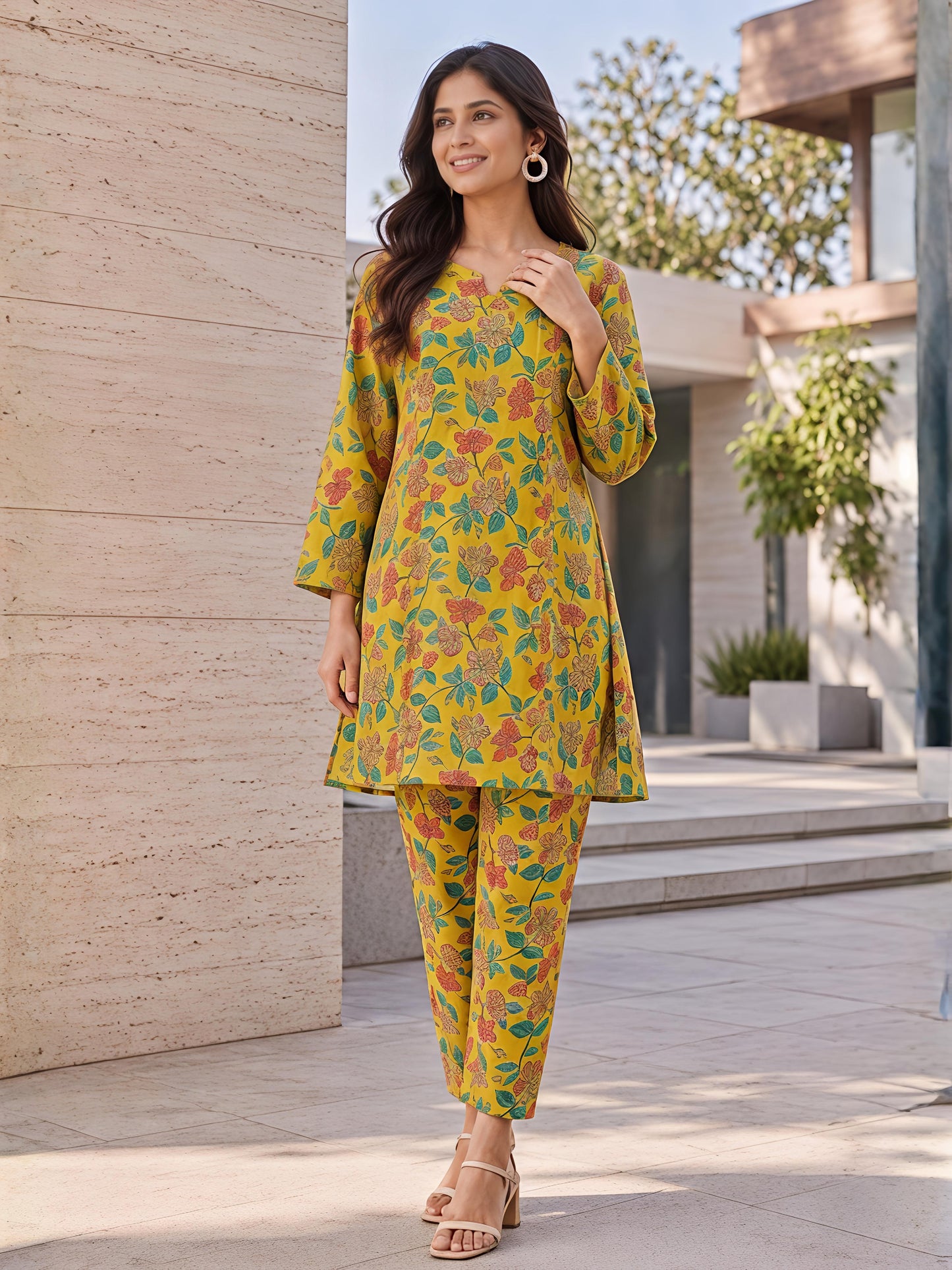 Yellow Floral Cotton Blend Kurta Pant Co-Ord Set Casual Outfit