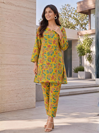 Yellow Floral Cotton Blend Kurta Pant Co-Ord Set Casual Outfit