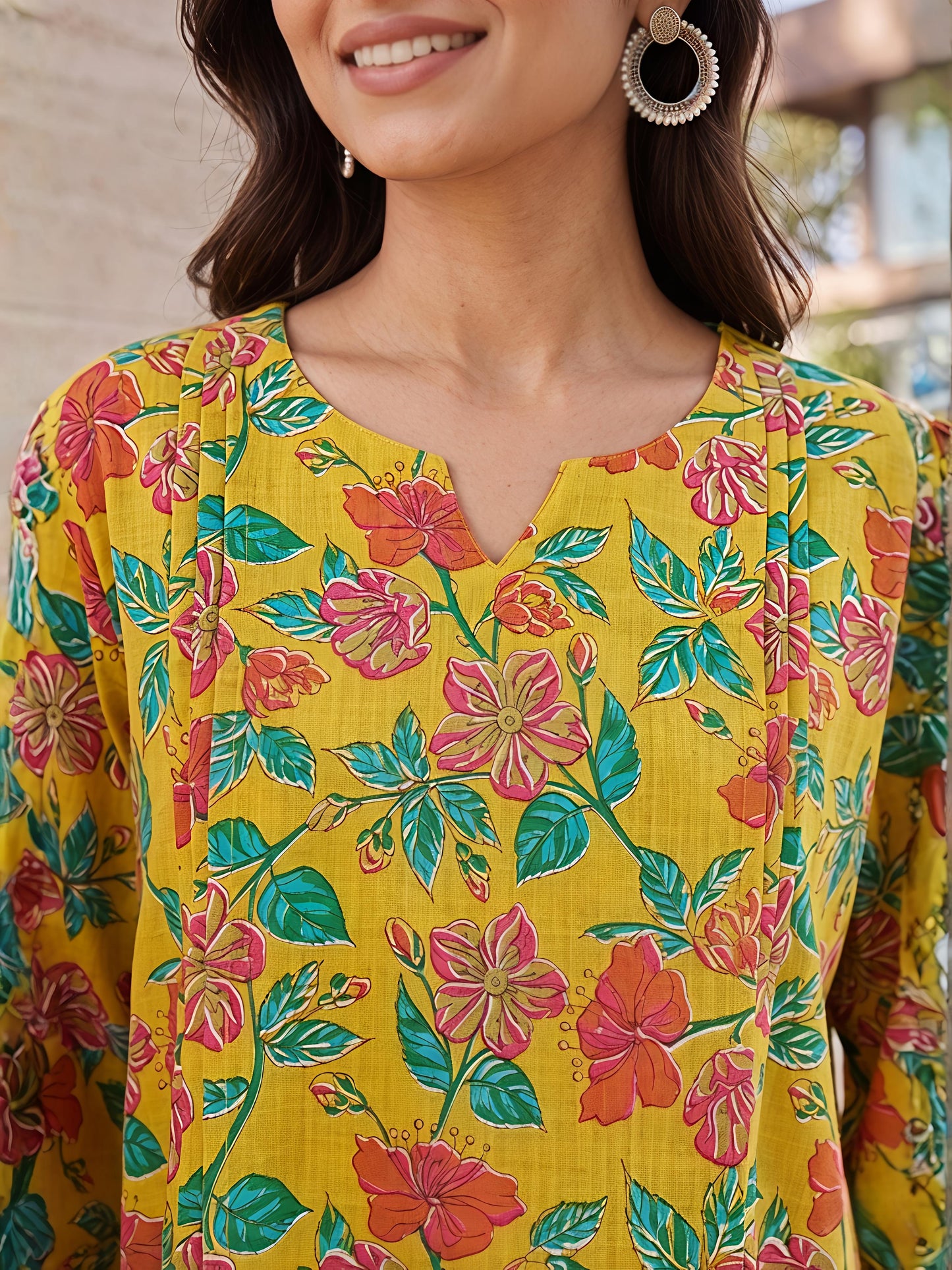 Yellow Floral Cotton Blend Kurta Pant Co-Ord Set Casual Outfit