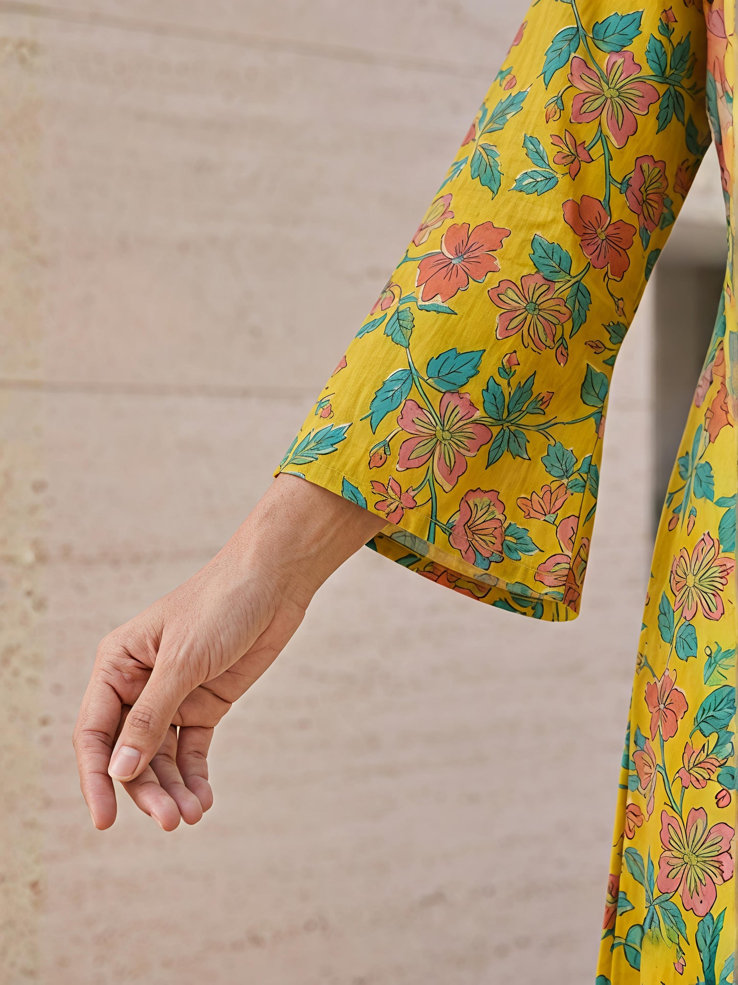 Yellow Floral Cotton Blend Kurta Pant Co-Ord Set Casual Outfit
