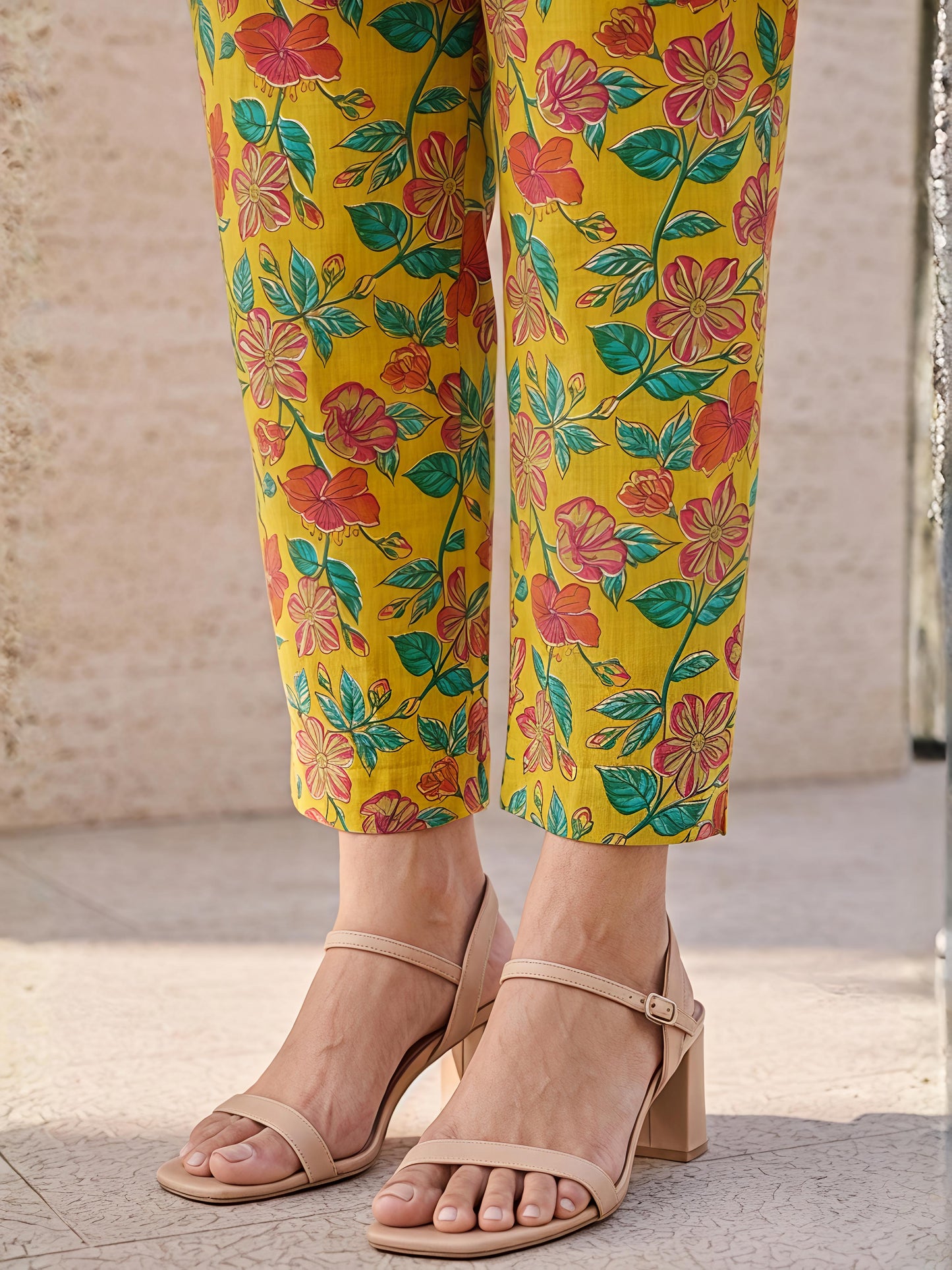 Yellow Floral Cotton Blend Kurta Pant Co-Ord Set Casual Outfit