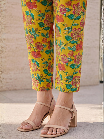 Yellow Floral Cotton Blend Kurta Pant Co-Ord Set Casual Outfit