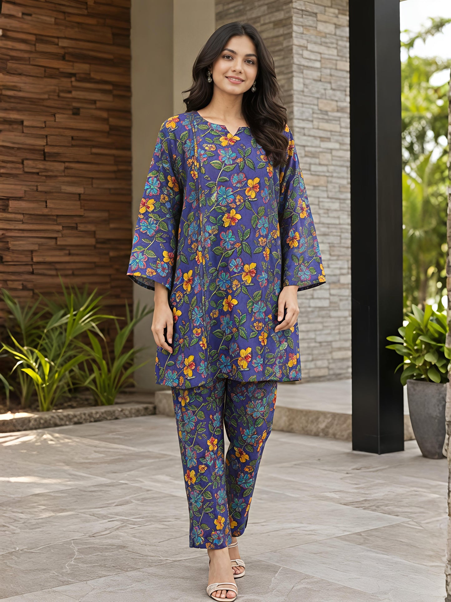 Purple Floral Cotton Blend Kurta Pant Co-Ord Set Casual Outfit