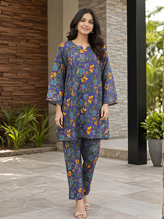 Purple Floral Cotton Blend Kurta Pant Co-Ord Set Casual Outfit