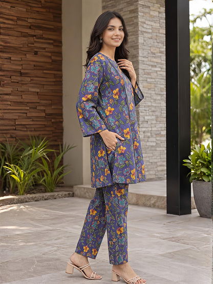 Purple Floral Cotton Blend Kurta Pant Co-Ord Set Casual Outfit