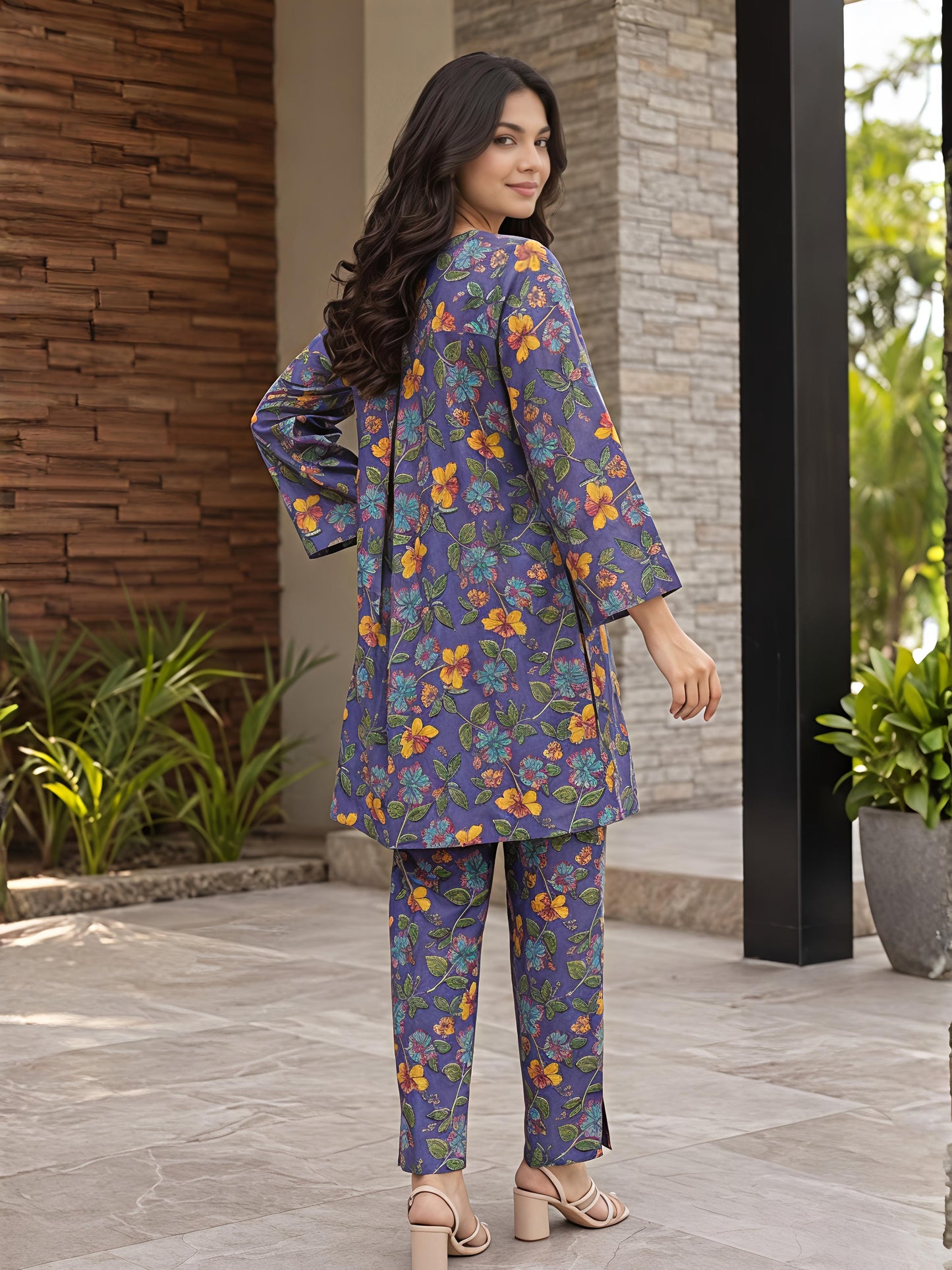 Purple Floral Cotton Blend Kurta Pant Co-Ord Set Casual Outfit