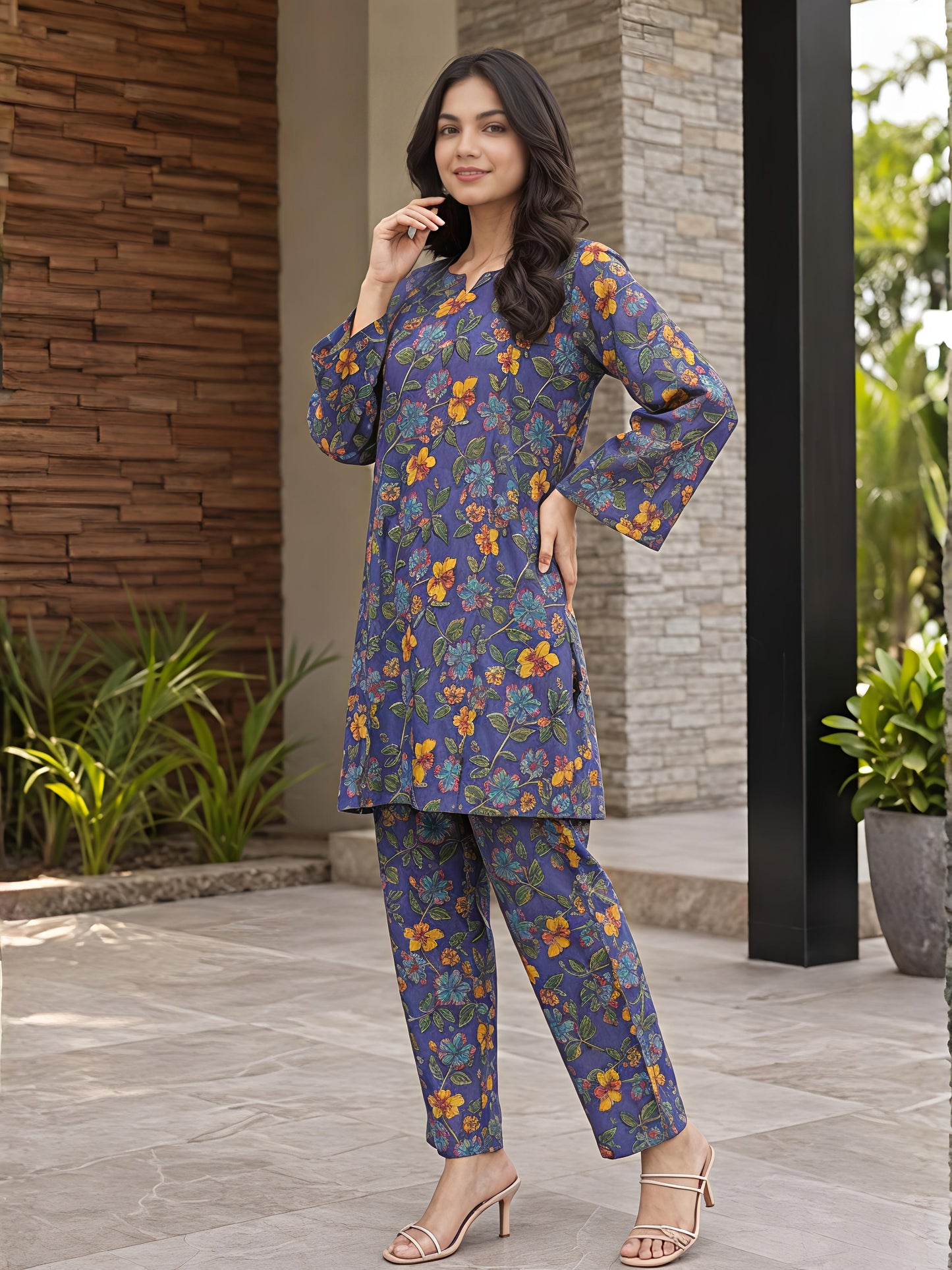 Purple Floral Cotton Blend Kurta Pant Co-Ord Set Casual Outfit