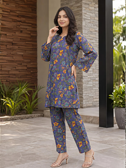 Purple Floral Cotton Blend Kurta Pant Co-Ord Set Casual Outfit