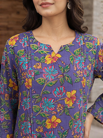 Purple Floral Cotton Blend Kurta Pant Co-Ord Set Casual Outfit