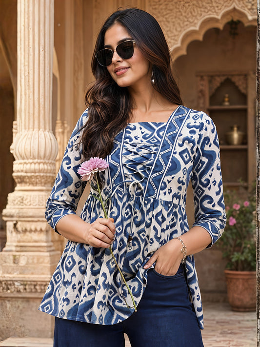 Blue Printed Regular Fit Shirt Top Cotton Blend Office Wear