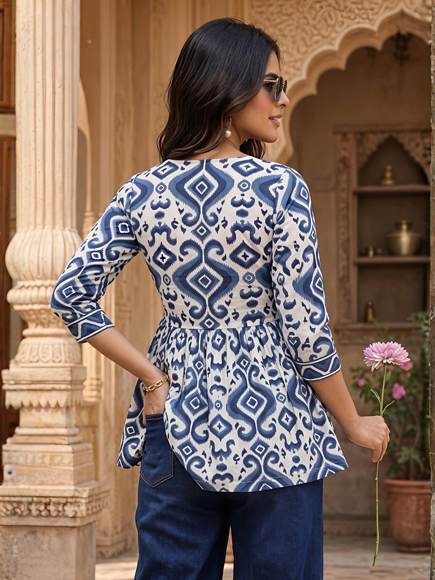 Blue Printed Regular Fit Shirt Top Cotton Blend Office Wear