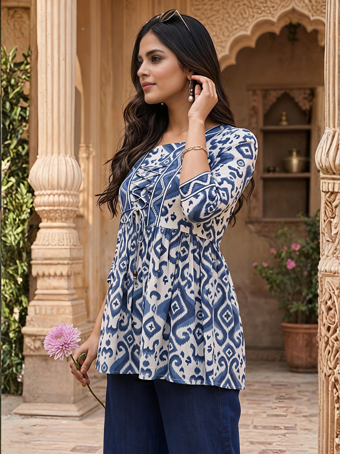 Blue Printed Regular Fit Shirt Top Cotton Blend Office Wear