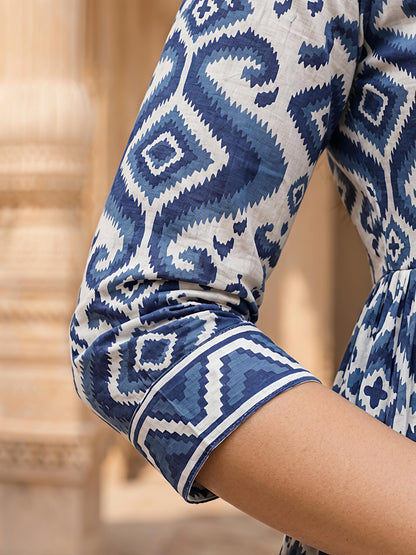 Blue Printed Regular Fit Shirt Top Cotton Blend Office Wear