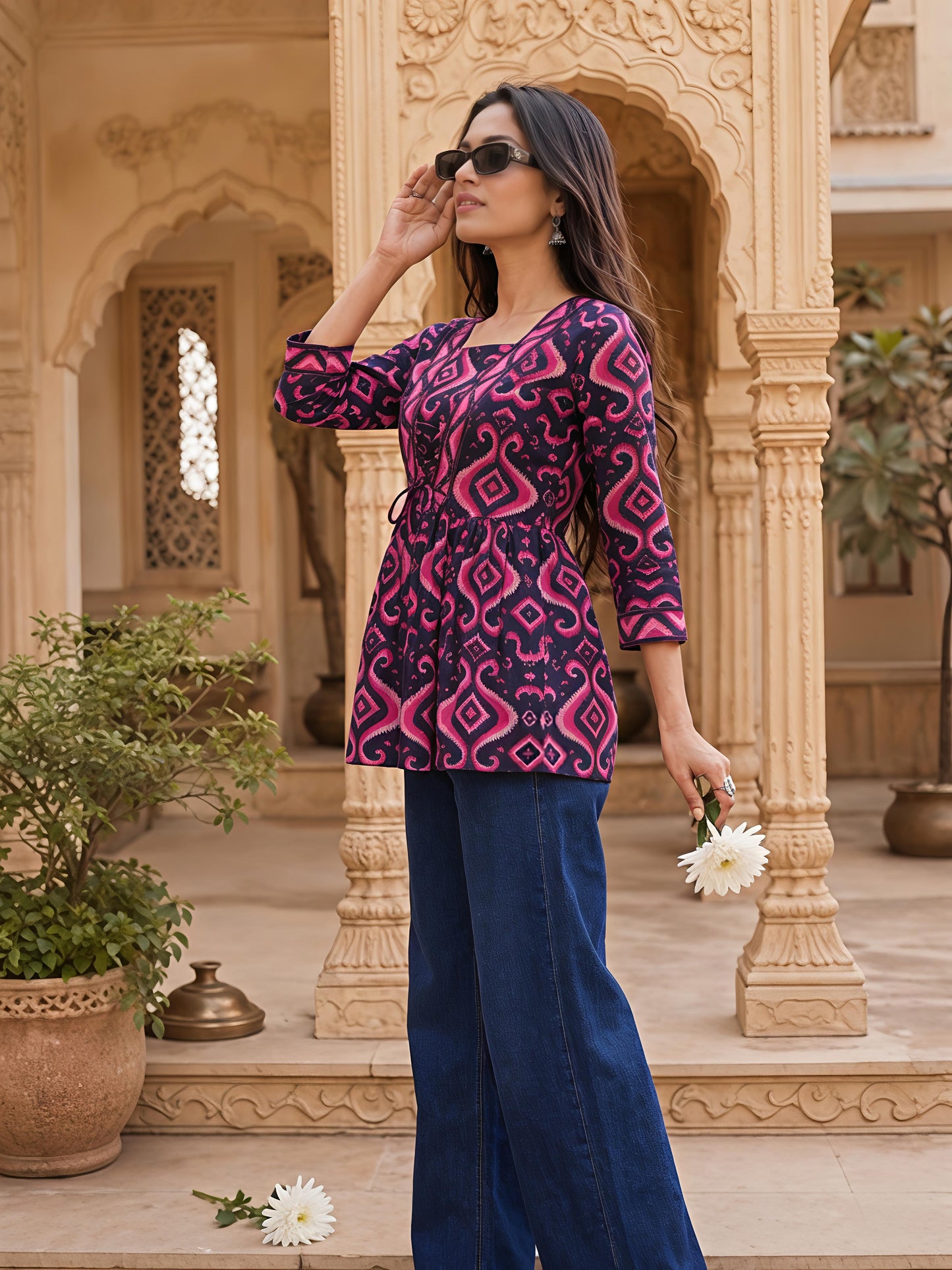 Pink Printed Regular Fit Shirt Top Cotton Blend Office Wear