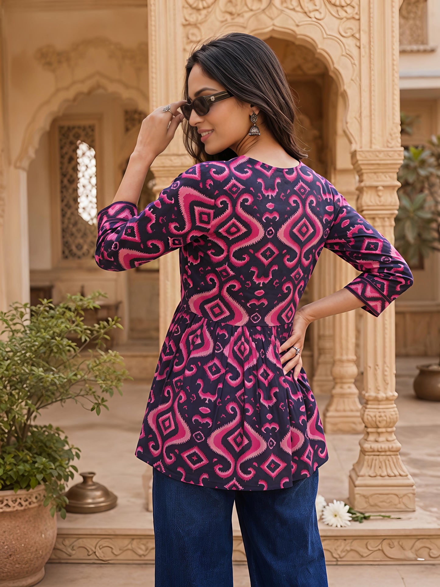 Pink Printed Regular Fit Shirt Top Cotton Blend Office Wear