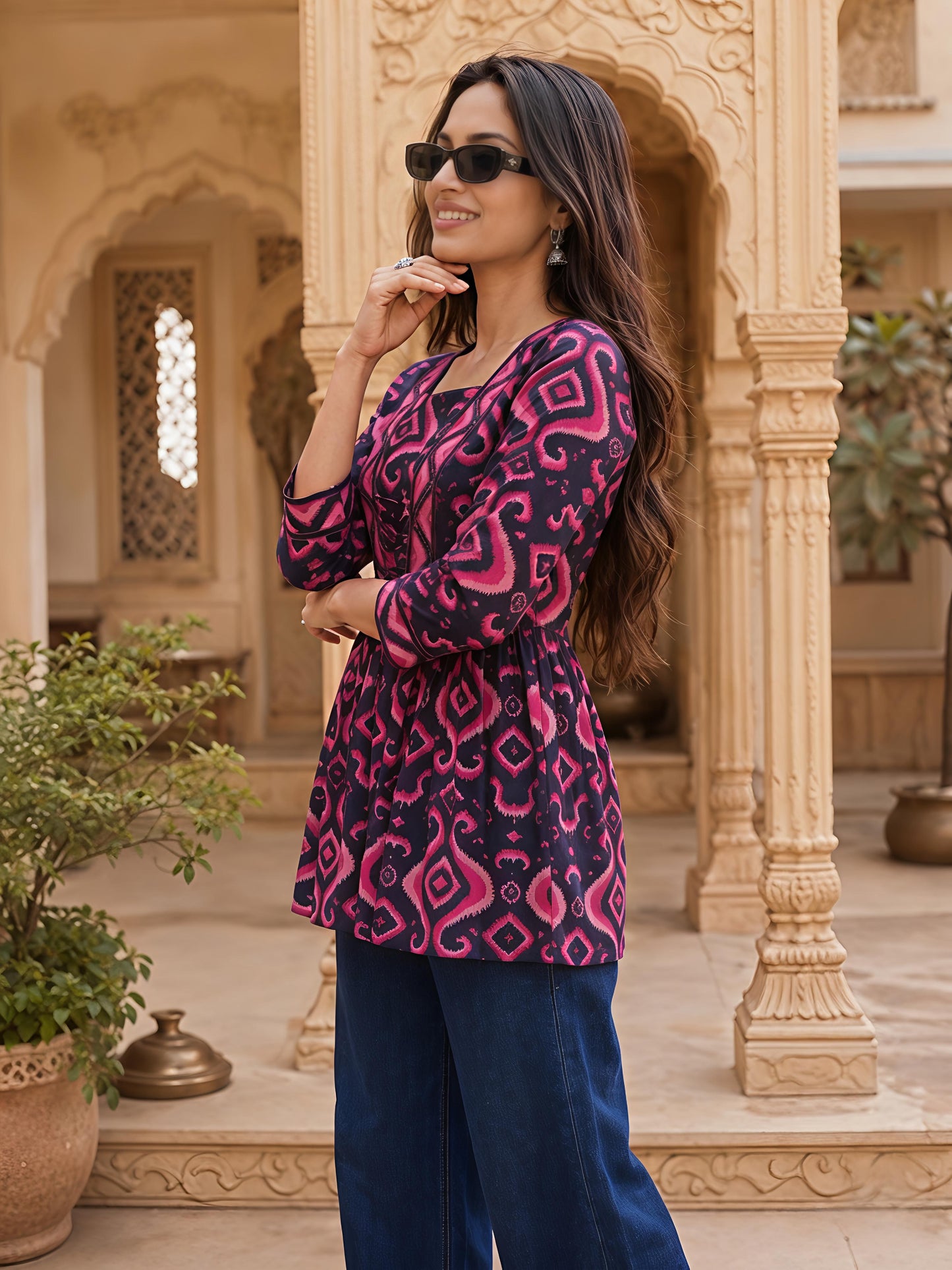 Pink Printed Regular Fit Shirt Top Cotton Blend Office Wear