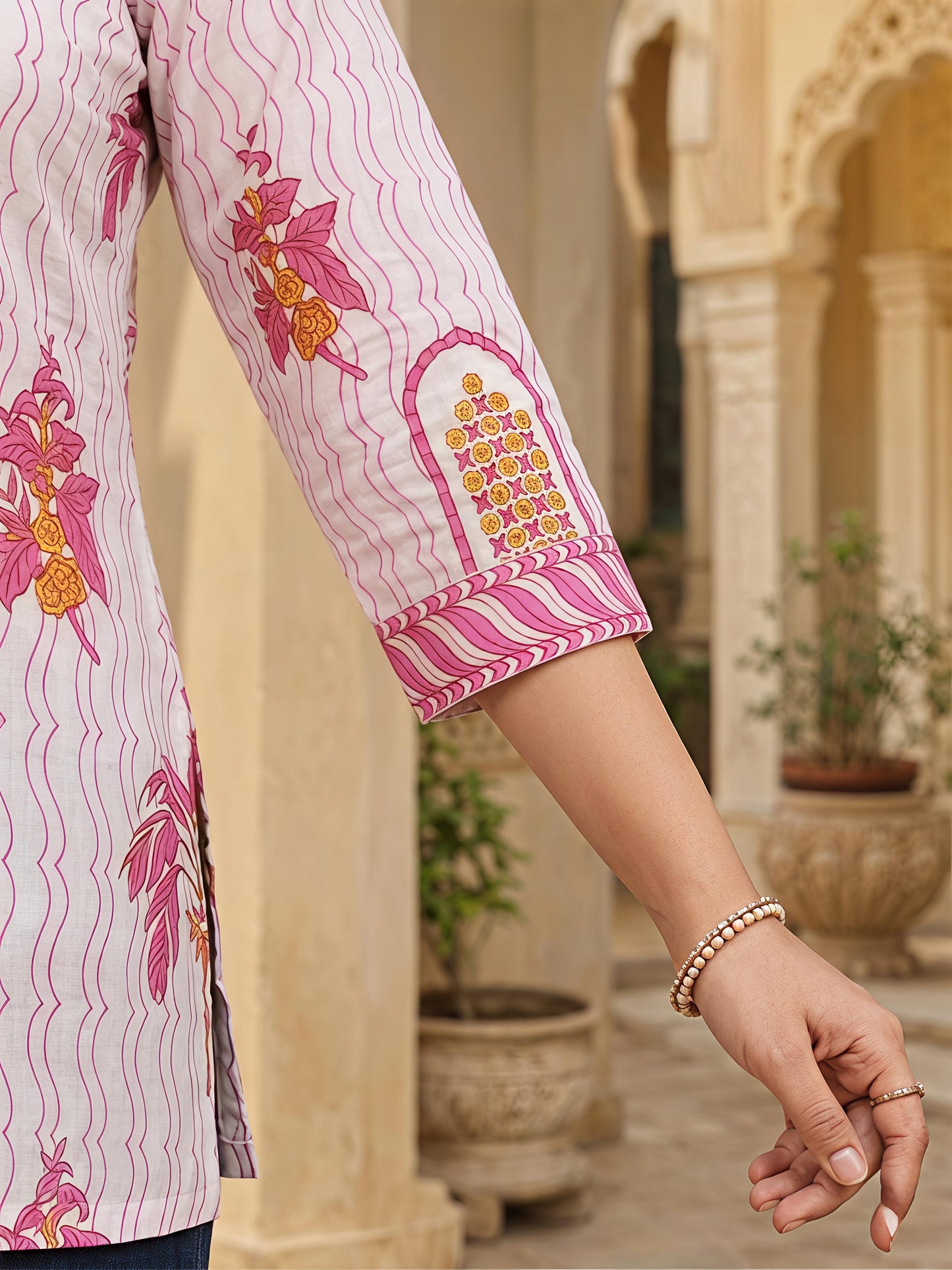 Beige Pink Printed V-Neck Straight Ethnic Casual Tunic Top