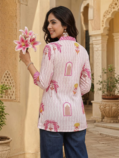 Beige Pink Printed V-Neck Straight Ethnic Casual Tunic Top