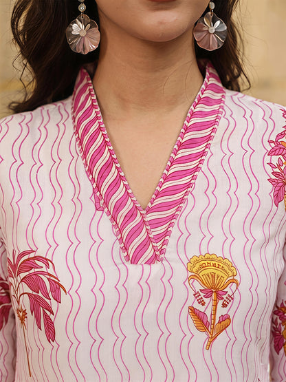 Beige Pink Printed V-Neck Straight Ethnic Casual Tunic Top