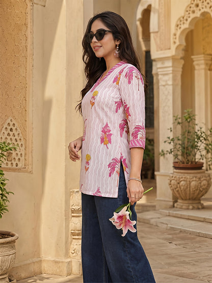 Beige Pink Printed V-Neck Straight Ethnic Casual Tunic Top