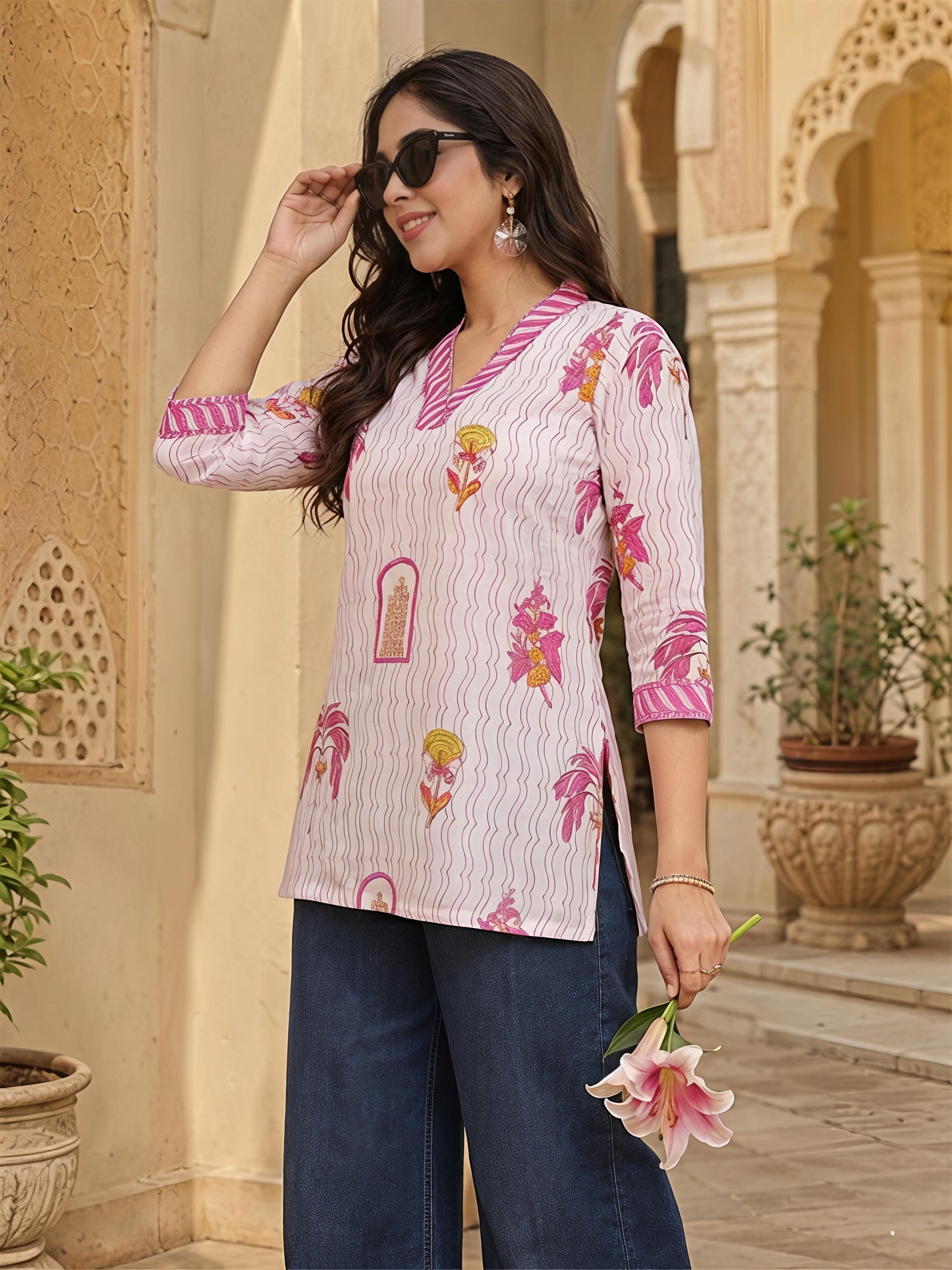 Beige Pink Printed V-Neck Straight Ethnic Casual Tunic Top