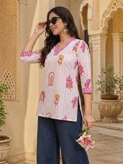 Beige Pink Printed V-Neck Straight Ethnic Casual Tunic Top