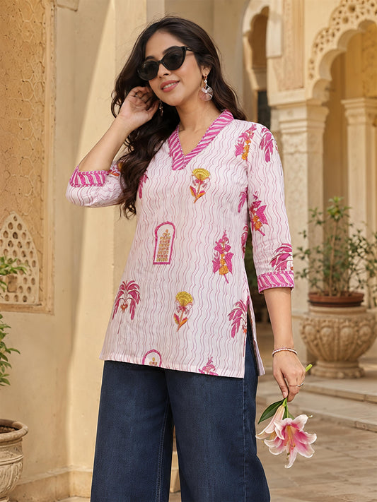 Beige Pink Printed V-Neck Straight Ethnic Casual Tunic Top