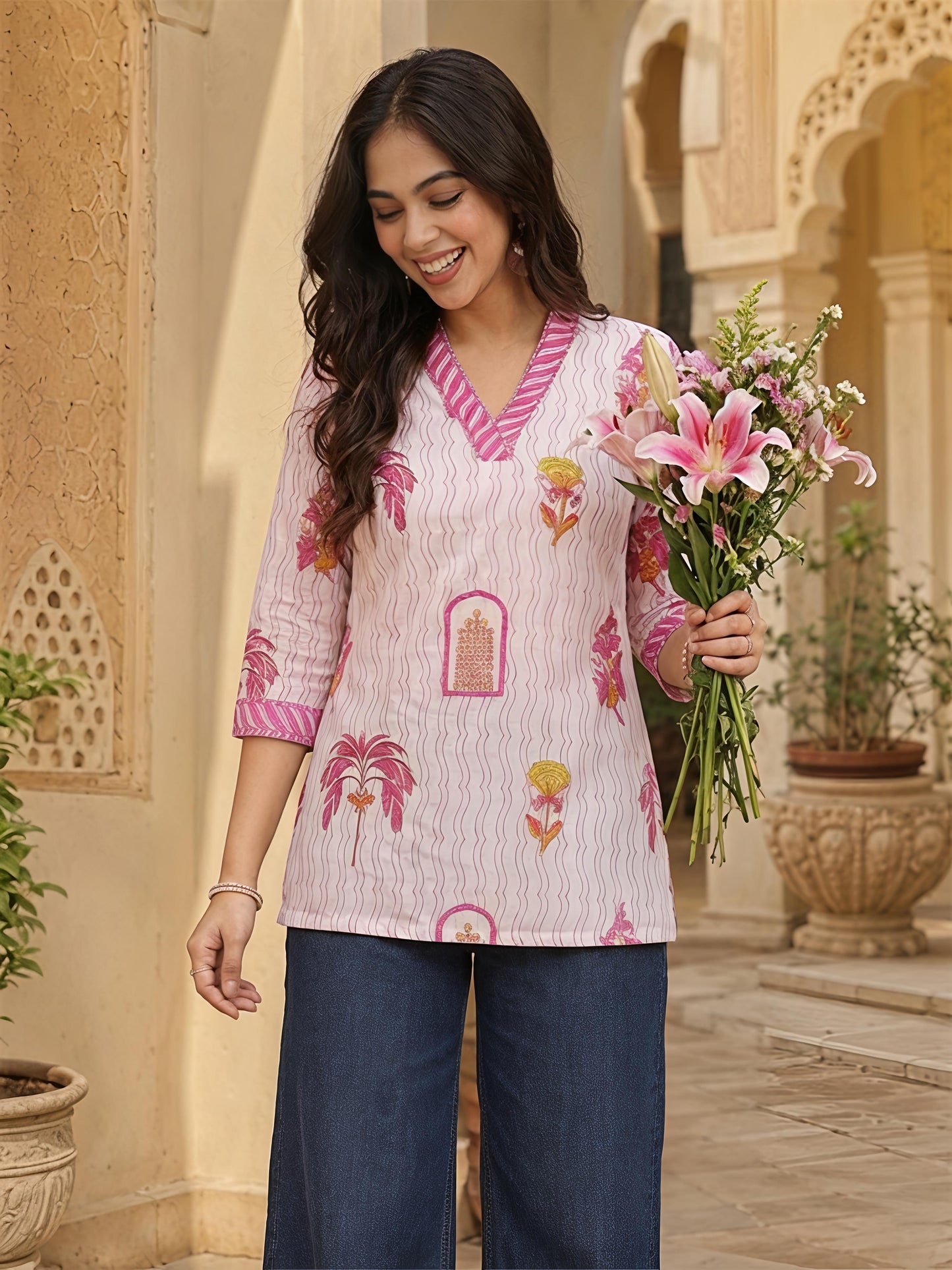 Beige Pink Printed V-Neck Straight Ethnic Casual Tunic Top