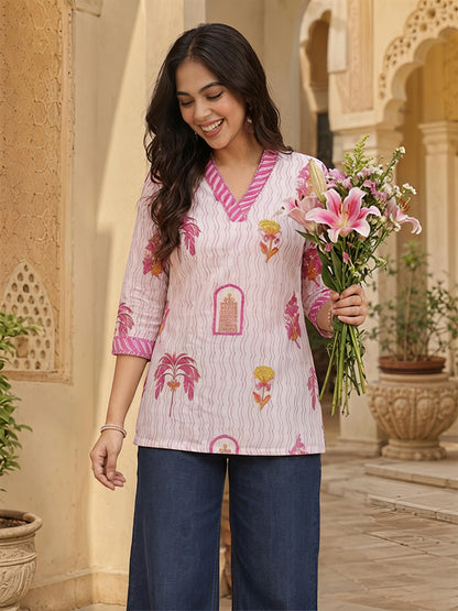 Beige Pink Printed V-Neck Straight Ethnic Casual Tunic Top