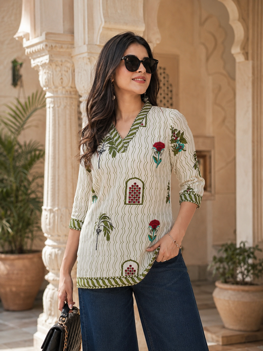 Beige Green Printed V-Neck Straight Ethnic Casual Tunic Top