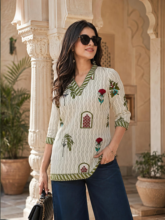 Beige Green Printed V-Neck Straight Ethnic Casual Tunic Top