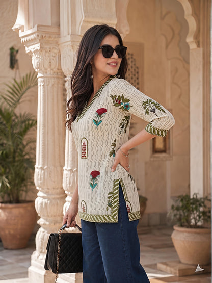 Beige Green Printed V-Neck Straight Ethnic Casual Tunic Top