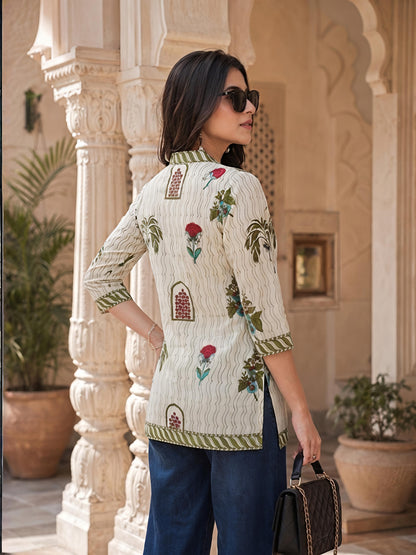 Beige Green Printed V-Neck Straight Ethnic Casual Tunic Top