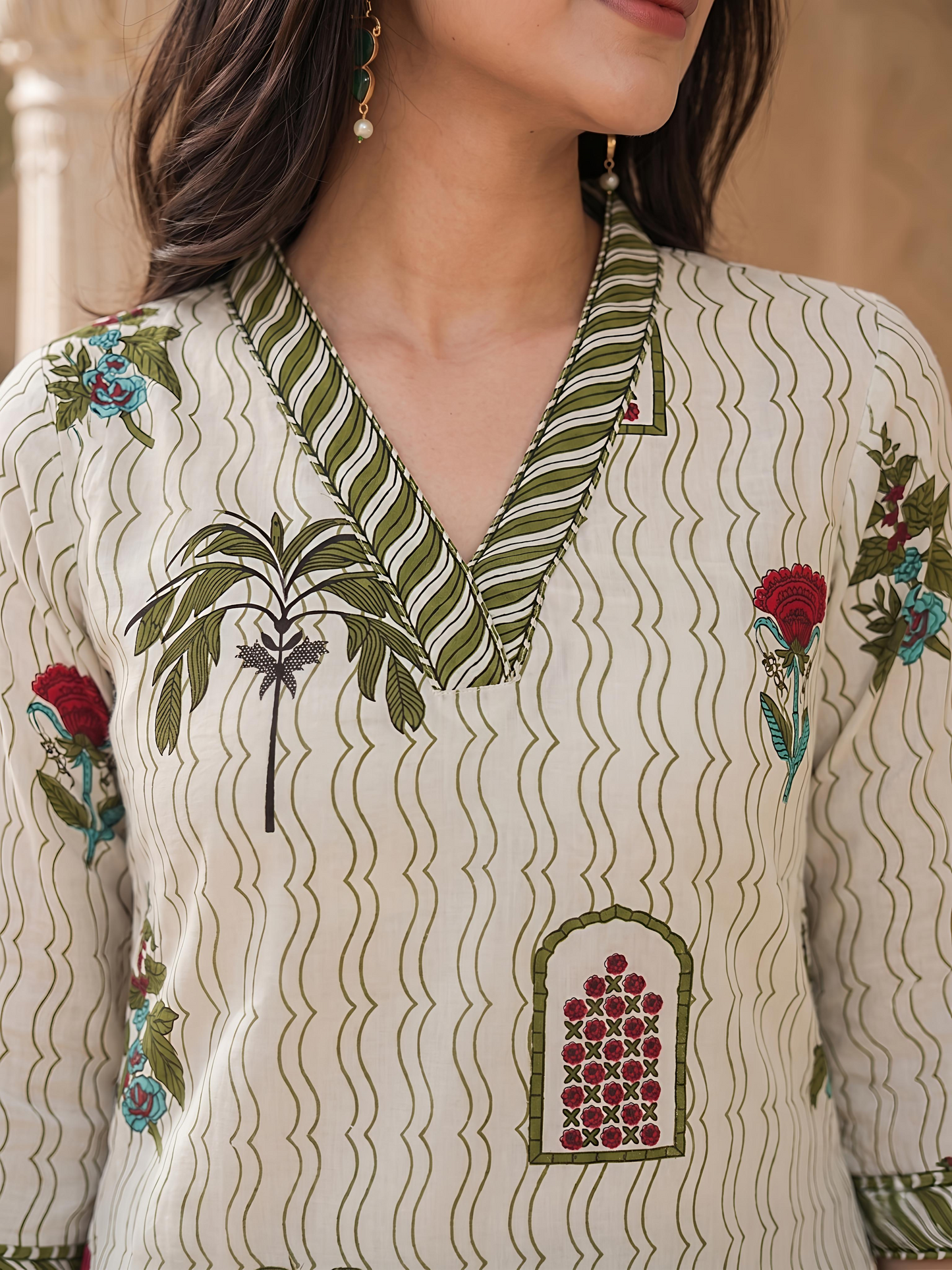 Beige Green Printed V-Neck Straight Ethnic Casual Tunic Top