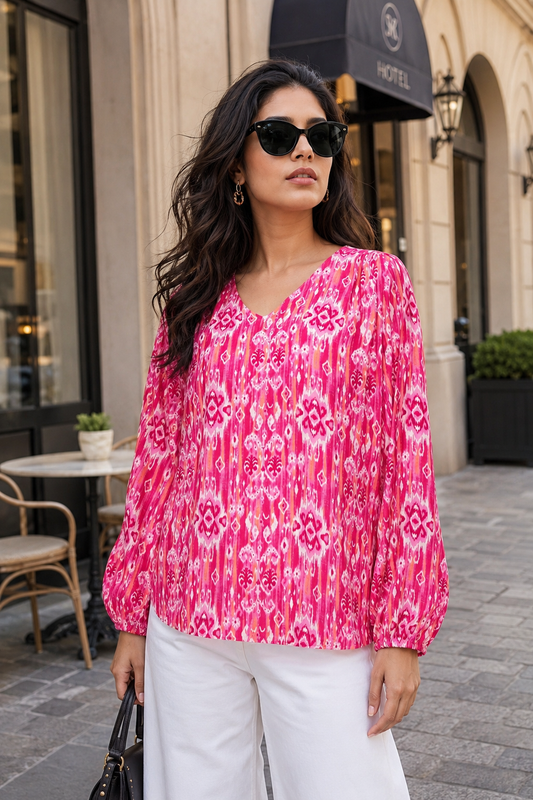 Pink Printed Cotton Blend V-Neck Stylish Full Sleeve Casual Top