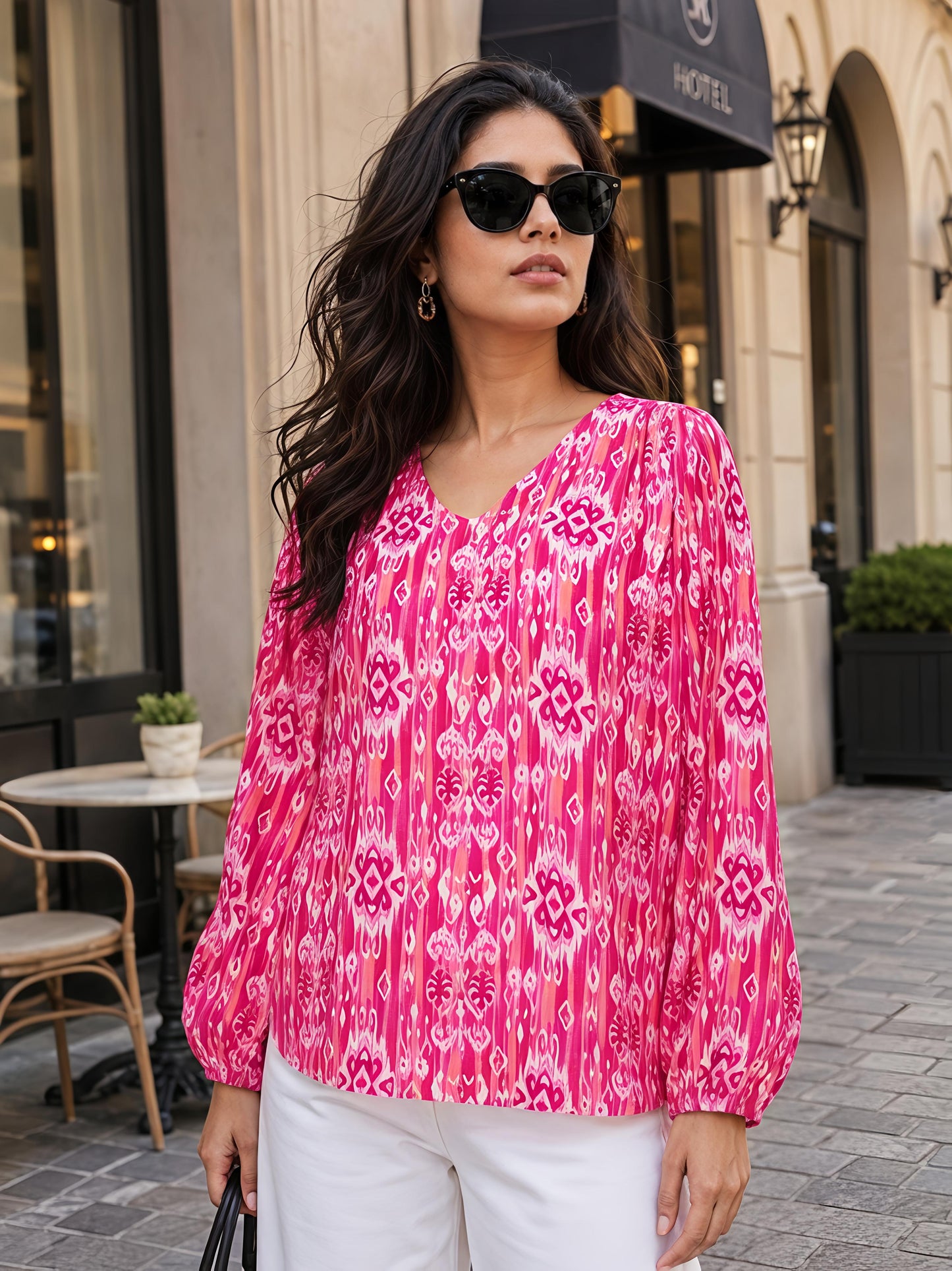 Pink Printed Cotton Blend V-Neck Stylish Full Sleeve Casual Top